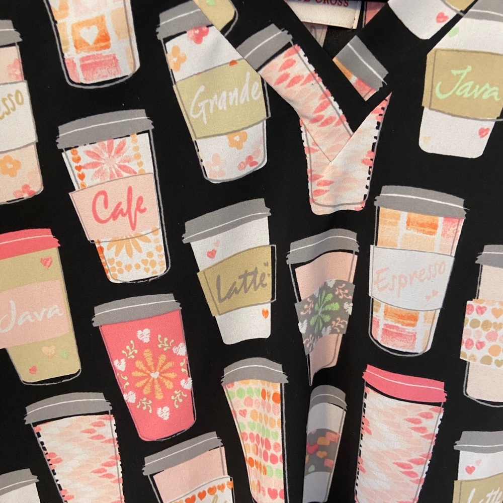 Dri-fit. Large Coffee themed scrub top.